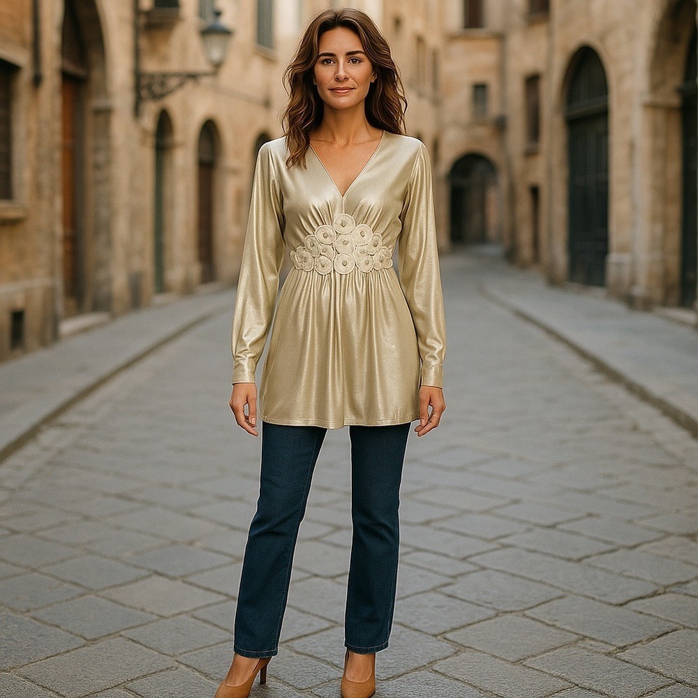 BEIGE bY eci Rhinestones V-Neck Long Sleeve Metallic Beige Blouse - Picture 2 of 6